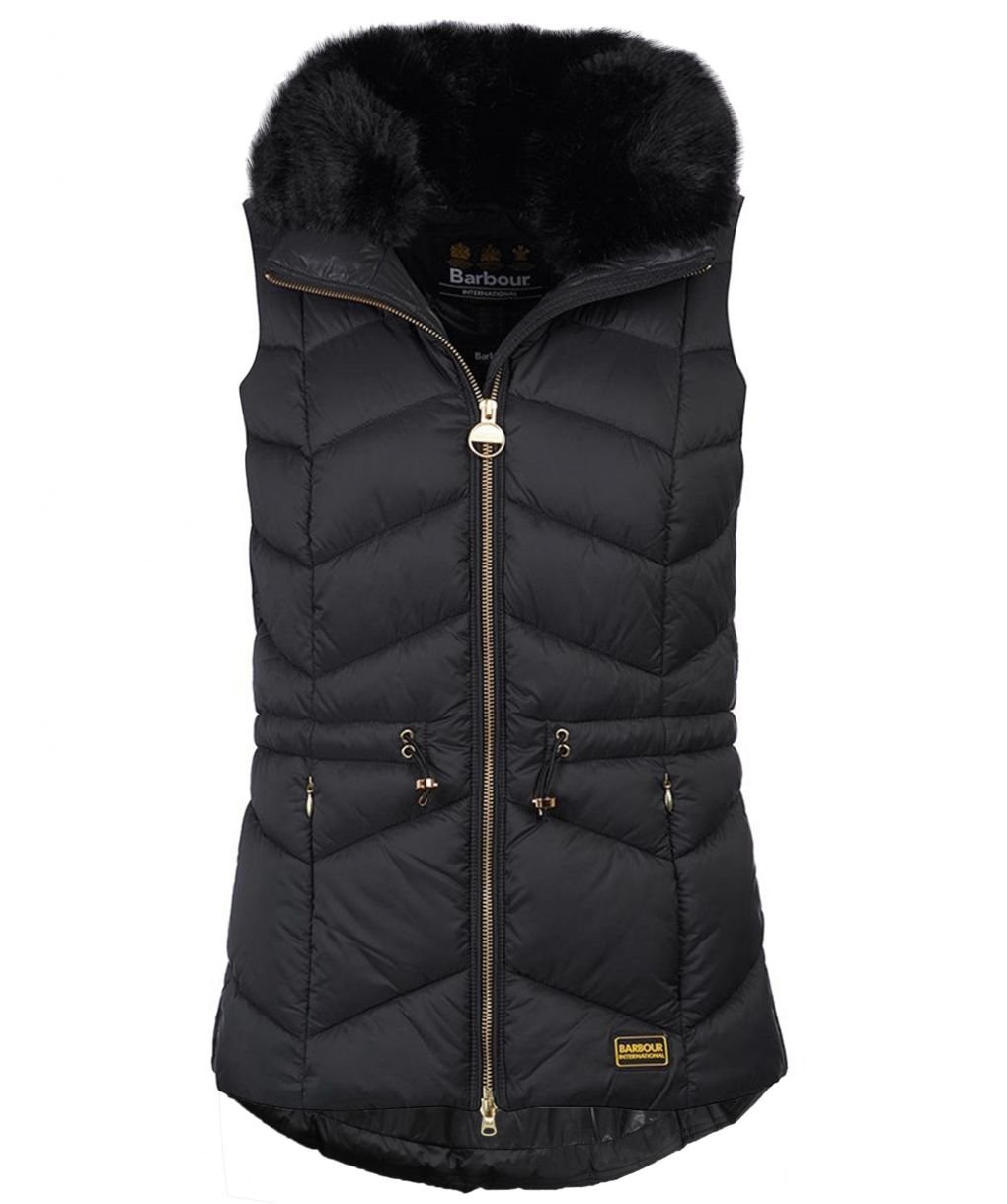 Barbour women’s quilted fur gilet／Black Barbour International Halfback Faux Fur Trim Quilted Gilet