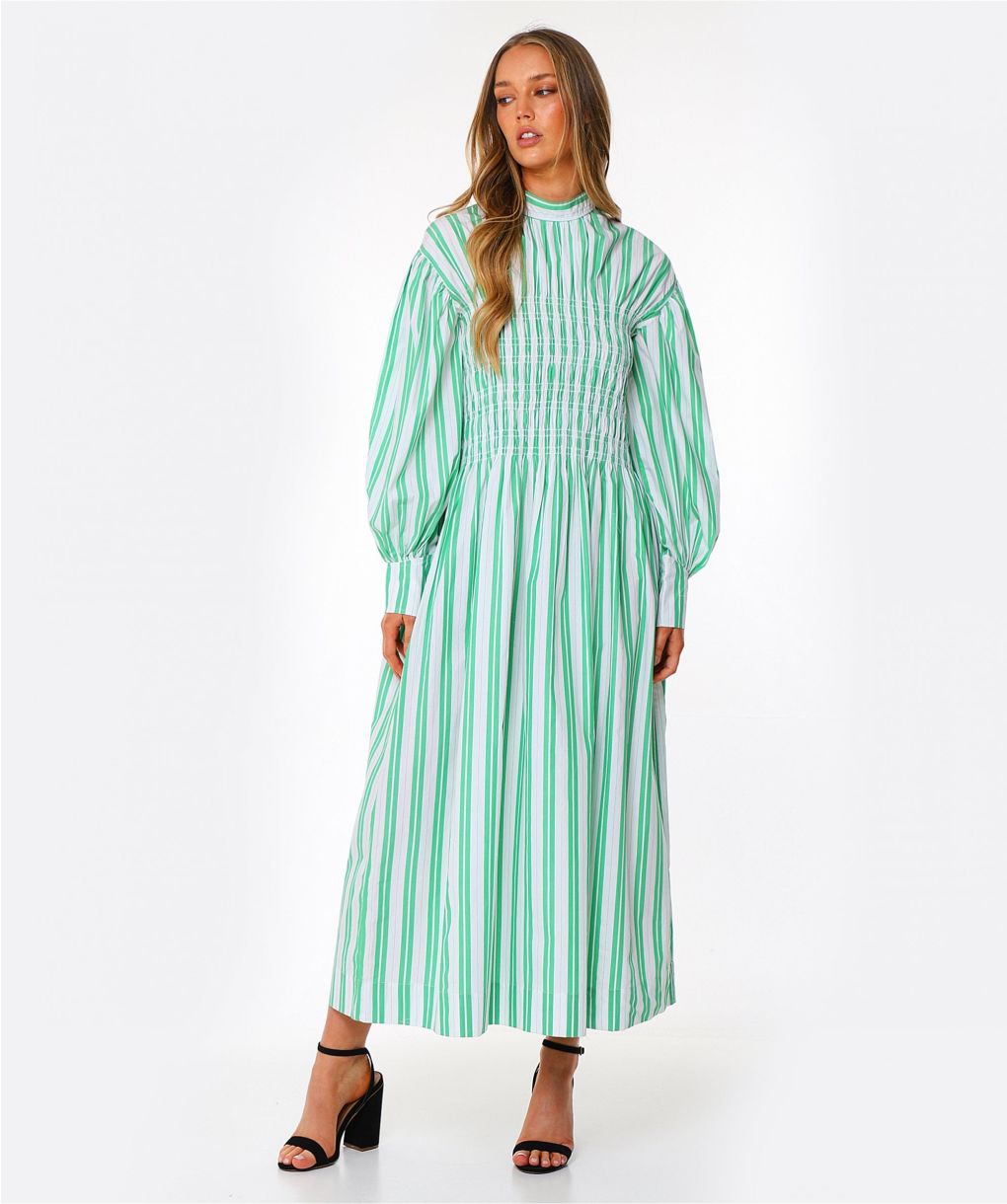 ★Ganni★ Puff sleeve V-neck striped dress light green F6582 GANNI V-neck long-sleeve Dress | Green | FARFETCH BN