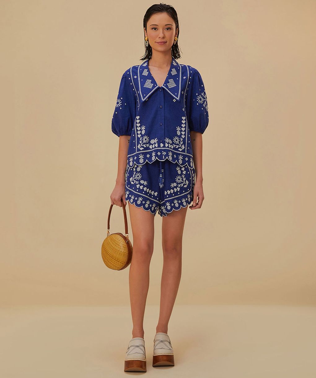 6(ROKU)＞EMBROIDERY SHORT SLEEVE SHIRT Short Shirt Sleeve Work 