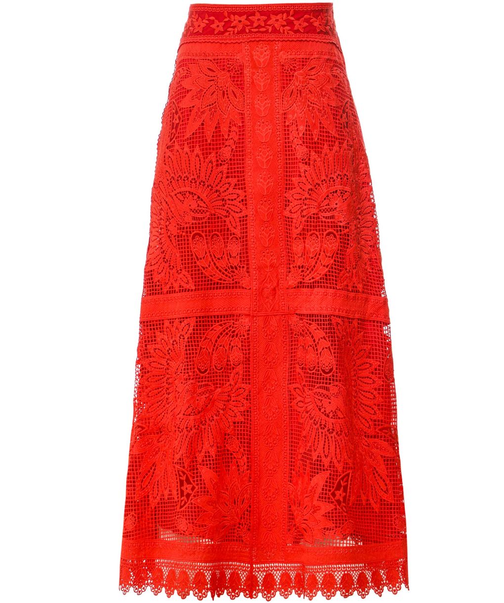Farm Rio Red Toucan Guipure Midi Skirt