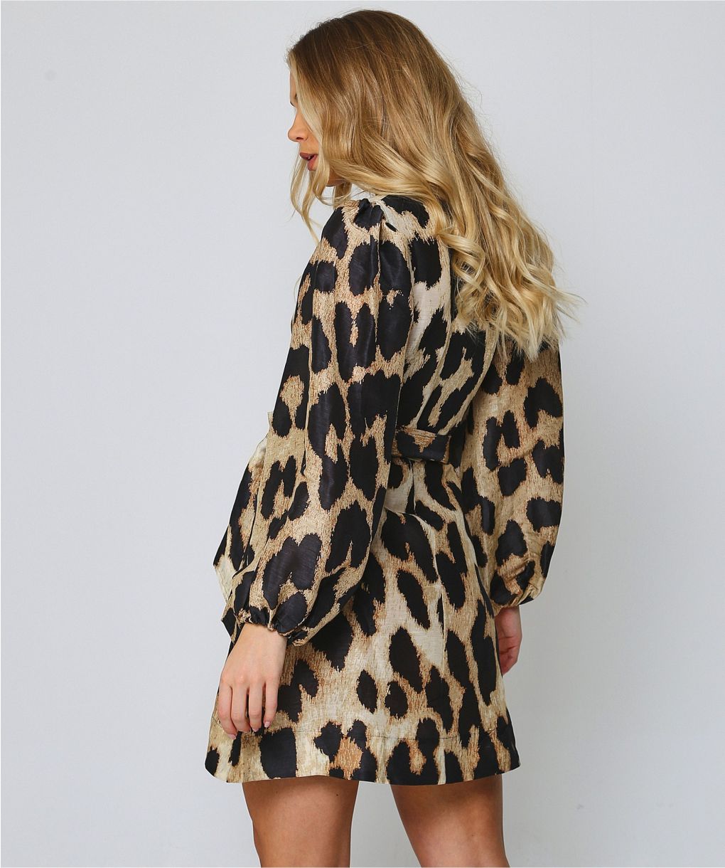 knee length dresses for ladies Ganni Leopard-print Linen-silk Blend Midi Dress Size 36 – Mine & Yours main image 1