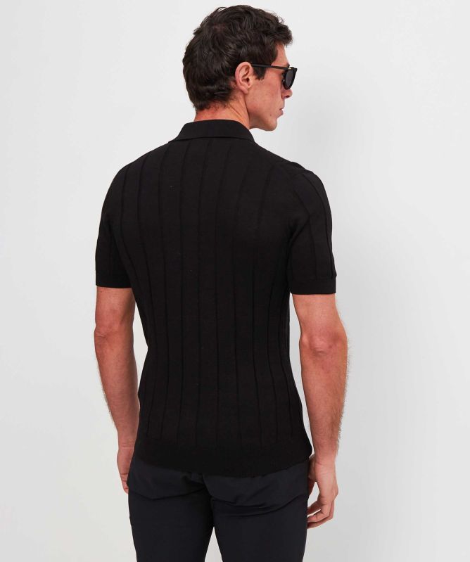 Gran Sasso Black Rib Knit Button Polo Shirt