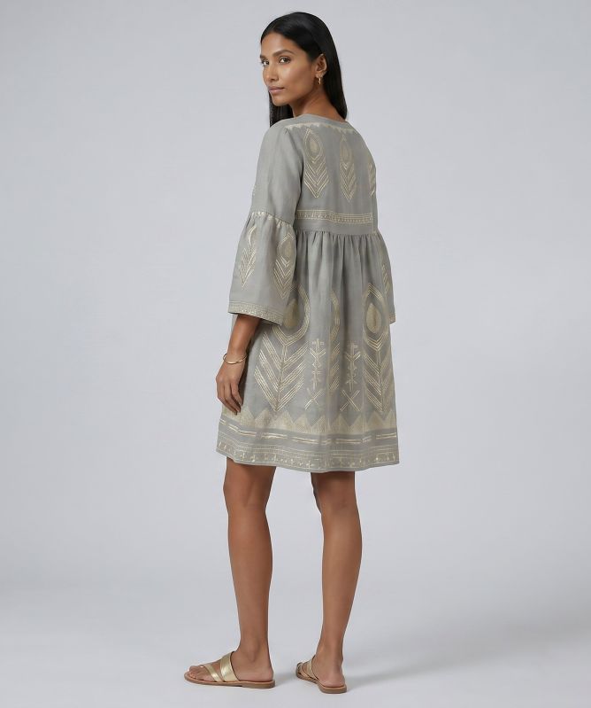 Greek Archaic Kori Feather Embroidered Mini Dress