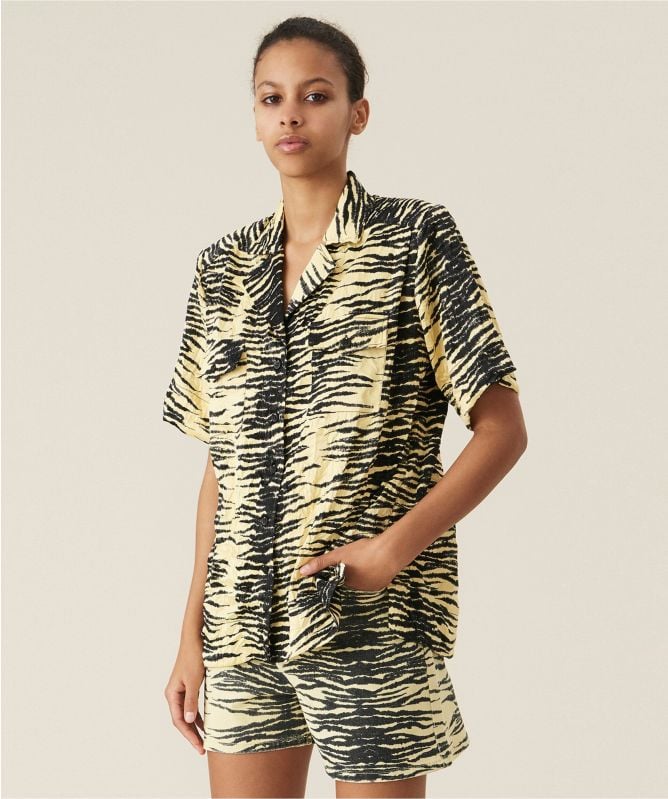Ganni Yellow Crinkled Satin Relaxed Short Sleeve Shirt | Jules B