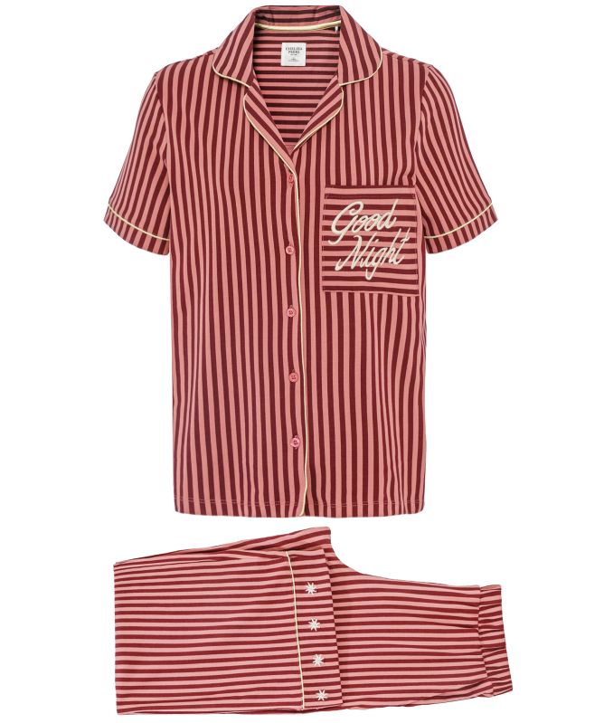 Chelsea Peers Embroidered Good Night Stripe Long Pyjamas