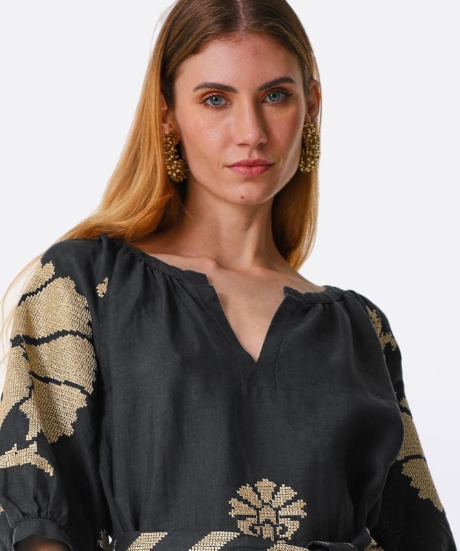 Greek Archaic Kori Linen Peacock Maxi Dress Jules B