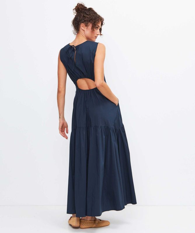 strapless open back dress Open-Back Long Navy Blue Prom Dress with High Neck– PromGirl main image 1