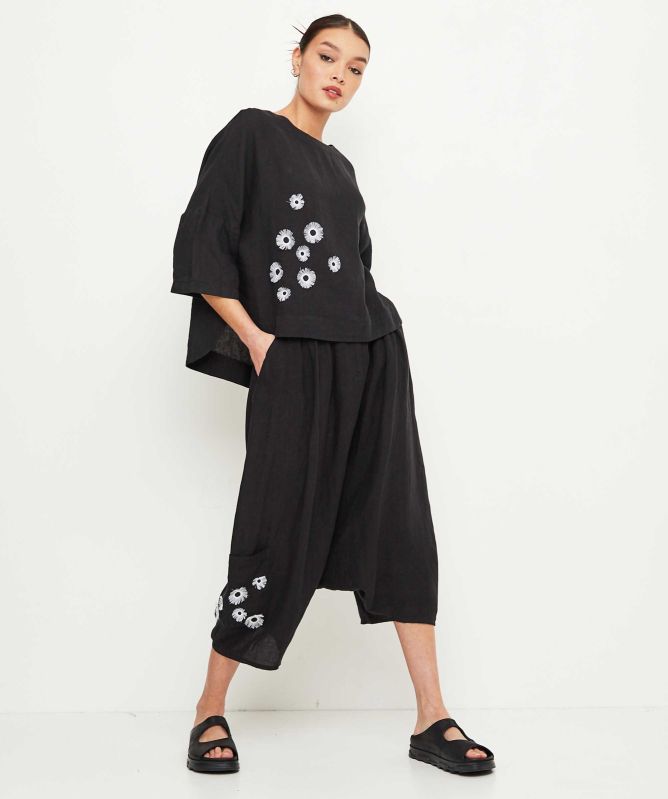 Bize Linen Floral Embroidered Trousers