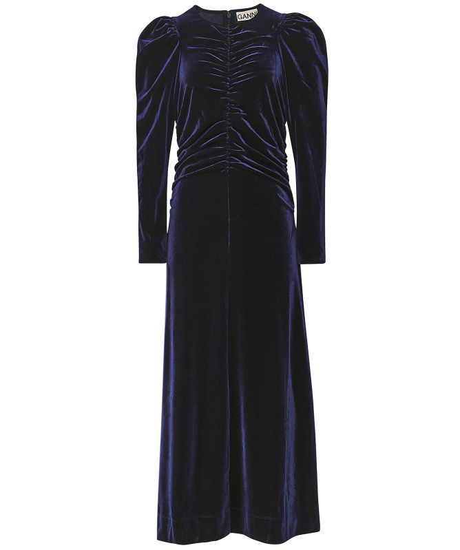 GANNI Navy Velvet Gathered Maxi Dress