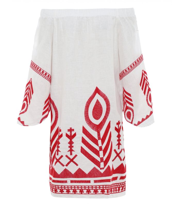 Greek Archaic Kori Linen Embroidered Bardot Dress