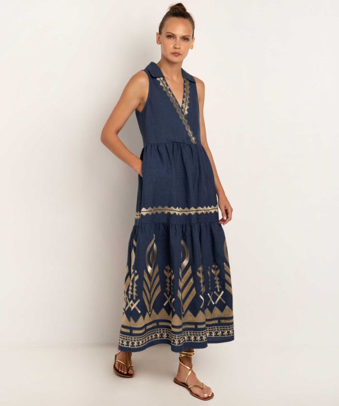 Greek Archaic Kori short “Triangle” sleeveless dress - blue/ gold main image 0