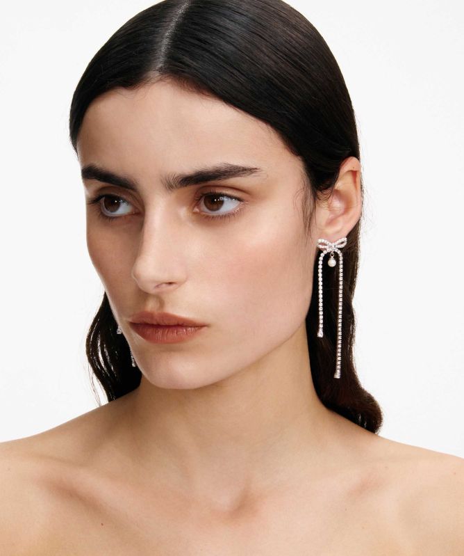 Self-Portrait Crystal Bow Pearl Dangle Earrings