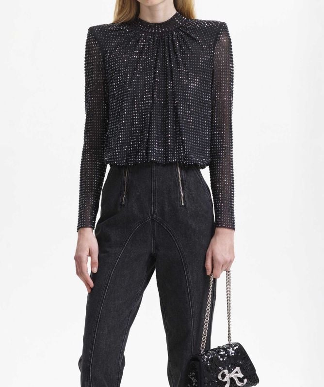 Self-Portrait Black Rhinestone Mesh Top | Jules B Self-Portrait Black Rhinestone Mesh Top | Jules B