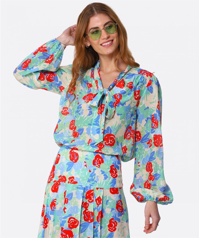 RIXO Moss Floral Silk Blouse