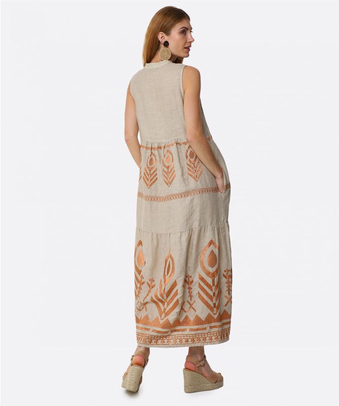 Greek Archaic Kori Linen Maxi Feather Dress