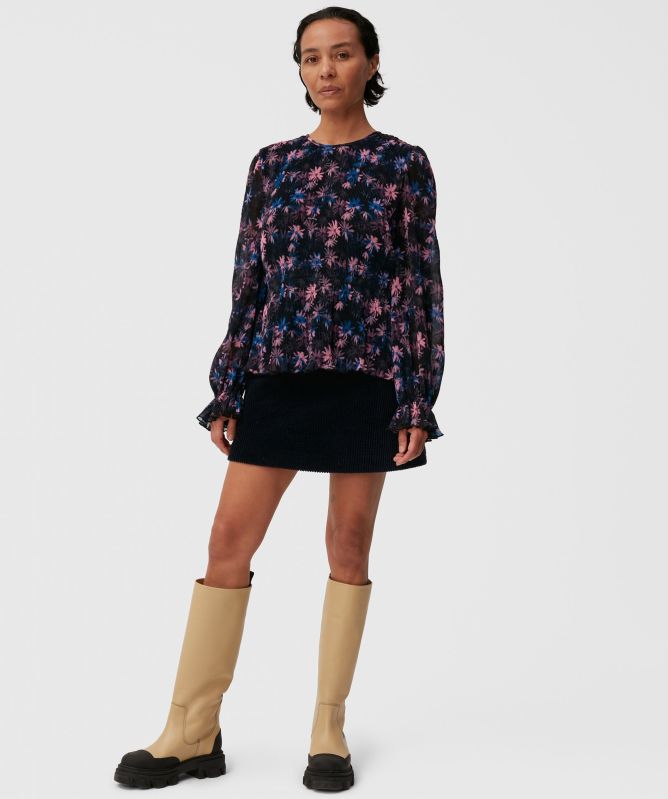 GANNI Pleated Georgette Smock Blouse