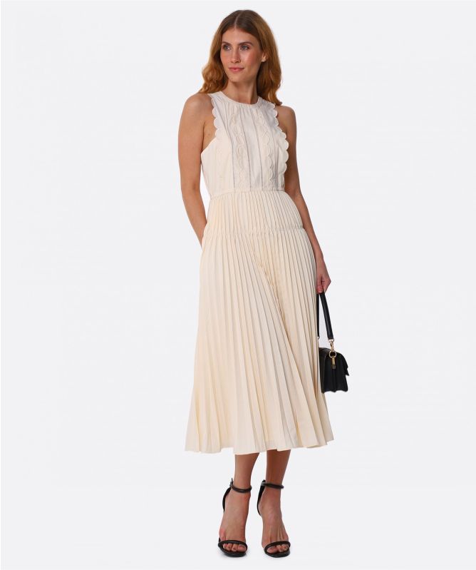 white christmas dresses Cream Tailored Bouclé And Chiffon Midi Dress – self-portrait-US