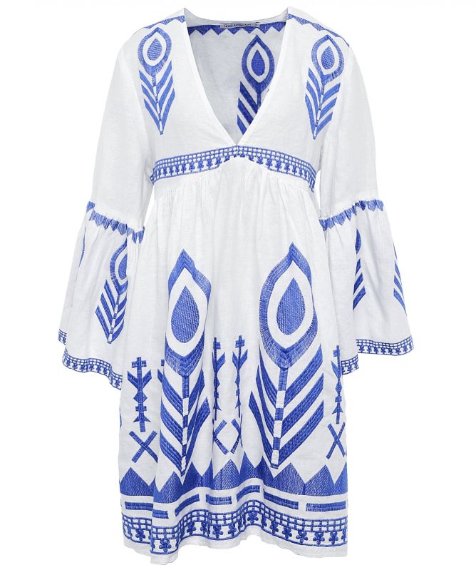Greek Archaic Kori Linen Embroidered V-Neck Dress