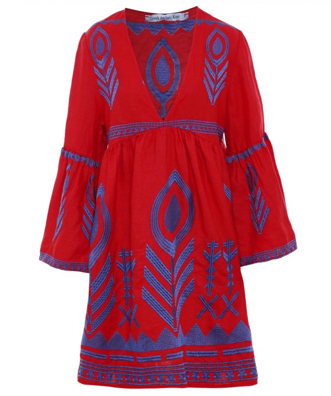 Greek Archaic Kori Linen Embroidered V-Neck Dress