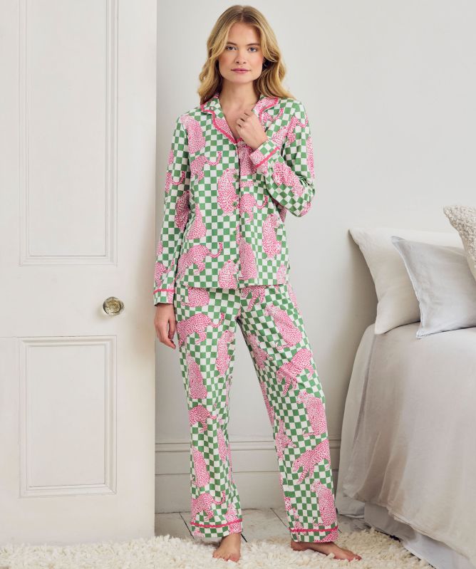Chelsea Peers Checkerboard Leopards Print Long Pyjamas