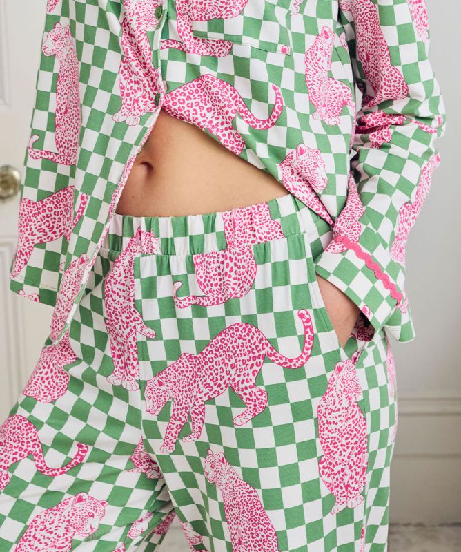 Chelsea Peers Checkerboard Leopards Print Long Pyjamas