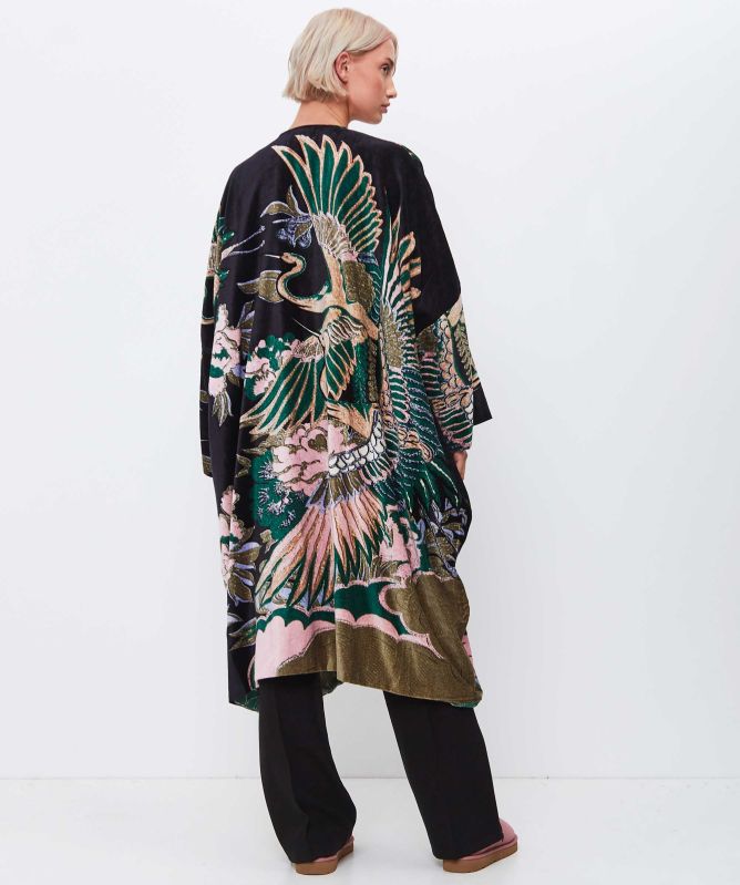 One Hundred Stars Crane Emerald Velvet Grande Kimono