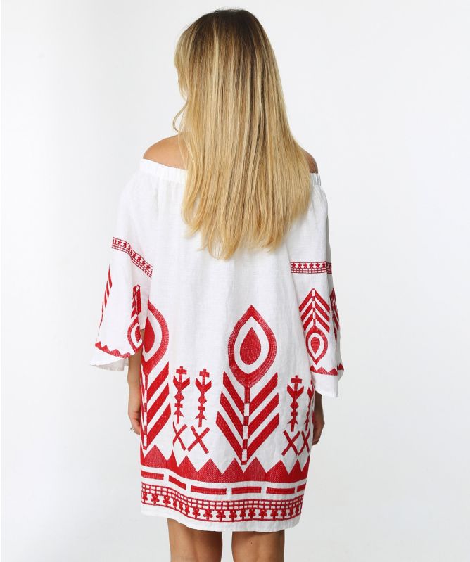 Greek Archaic Kori Linen Embroidered Bardot Dress