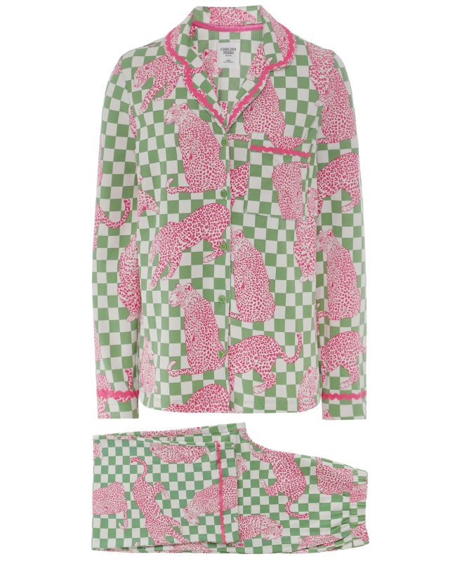 Chelsea Peers Checkerboard Leopards Print Long Pyjamas