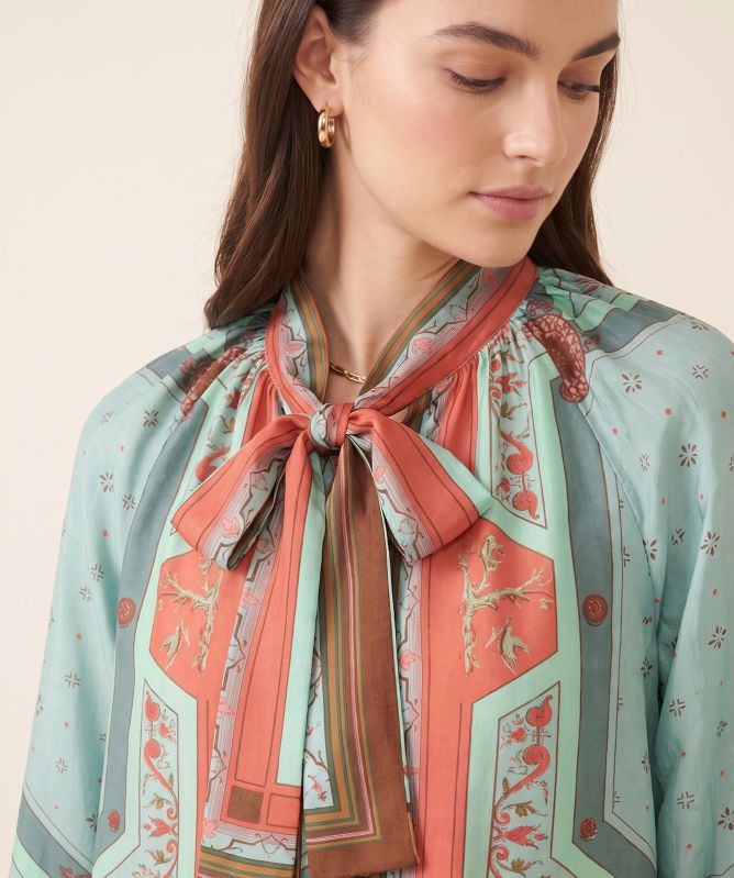 One Hundred Stars Fleur De Lys Aqua Pussybow Blouse
