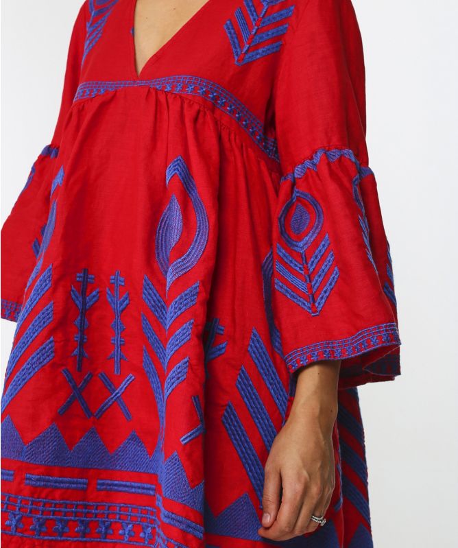Greek Archaic Kori Linen Embroidered V-Neck Dress