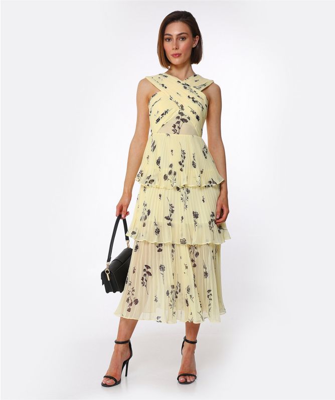 Self-Portrait Yellow Floral Chiffon Crossover Midi Dress