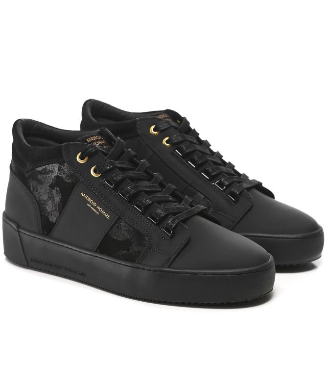 Android Homme Black Leather Camo Propulsion Mid Trainers | Jules B