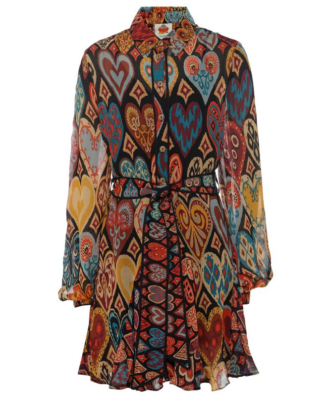 knee length dresses for ladies Farm Rio Green Heart Deco Puff Sleeve Organic Cotton Mini Dress, Heart Deco Green / XXS