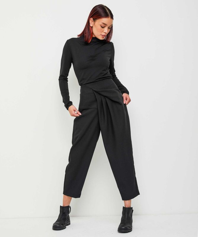 Bize Black Asymmetric Drape Trousers
