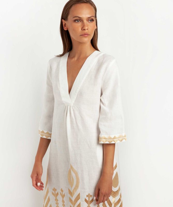 Greek Archaic Kori Feather Embroidered Midi Dress Greek Archaic Kori Feather Embroidered Midi Dress