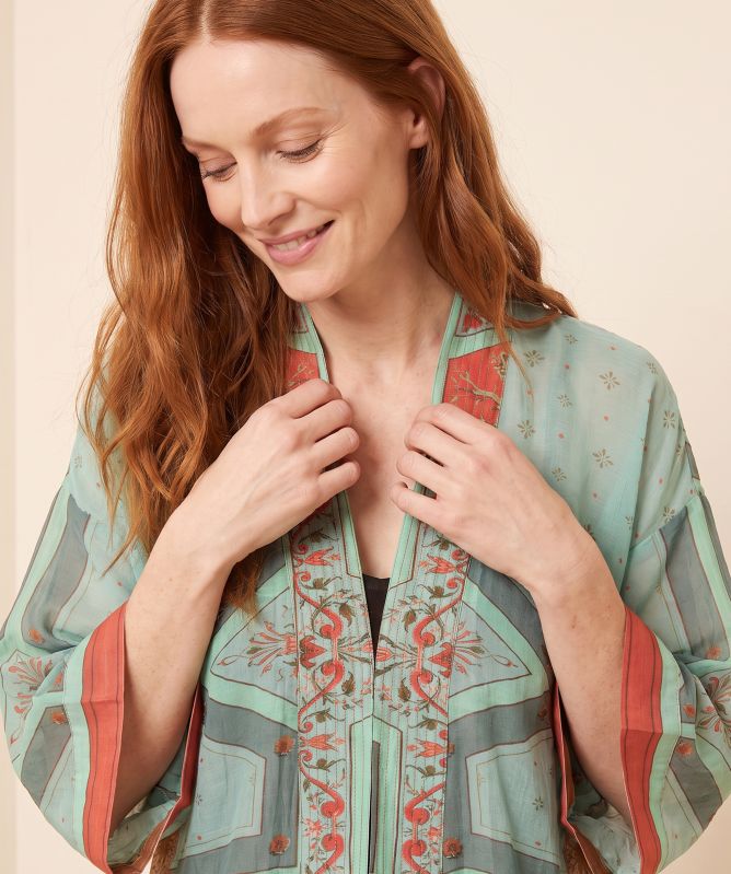 One Hundred Stars Fleur De Lys Aqua Kimono