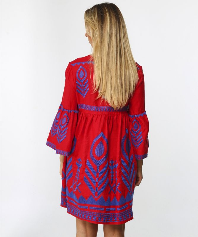 Greek Archaic Kori Linen Embroidered V-Neck Dress