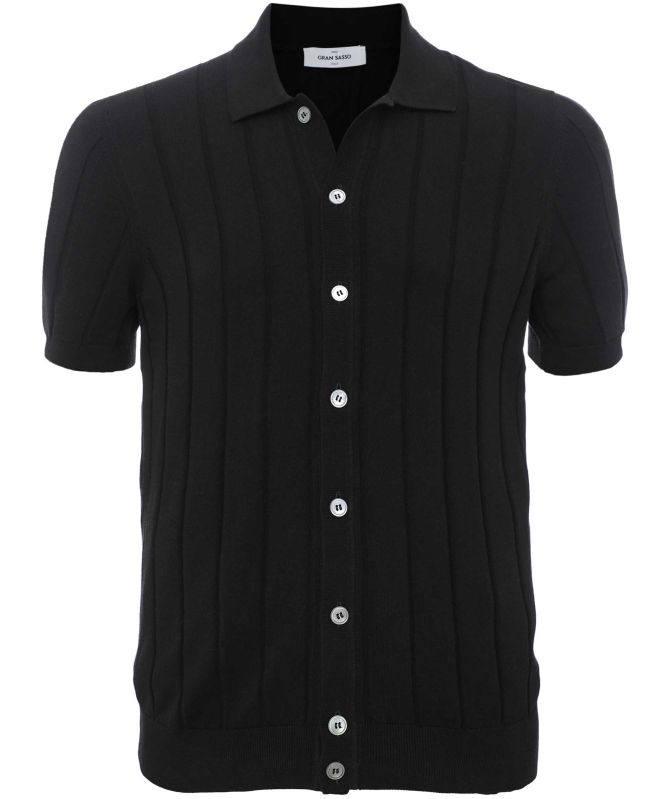 トップス Gran Sasso black cotton knit polo Gran Sasso Black Rib Knit Button Polo Shirt