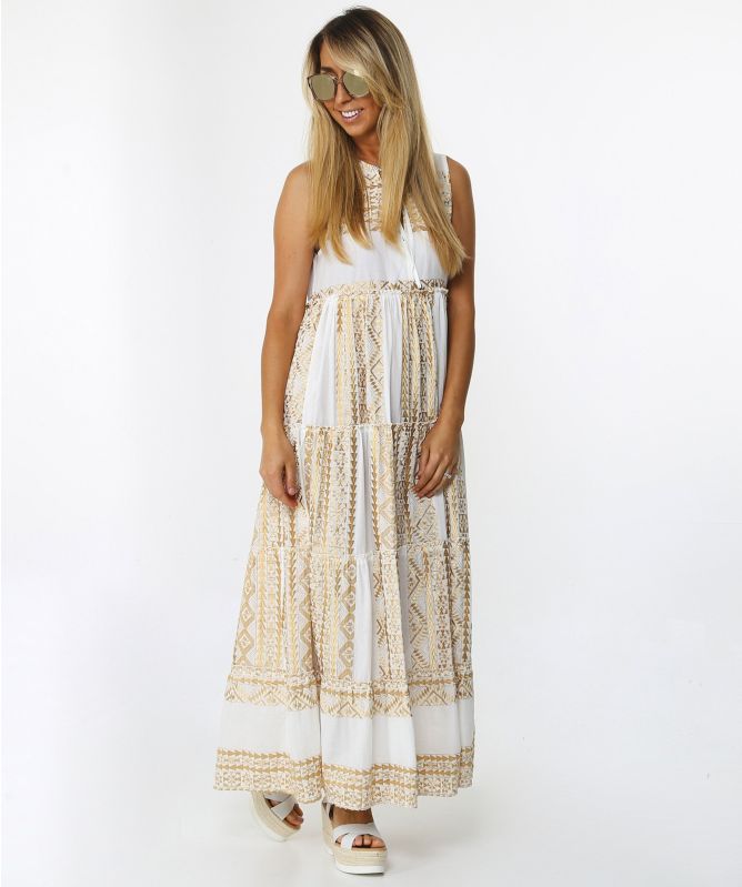 Greek Archaic Kori Embroidered Sleeveless Maxi Dress