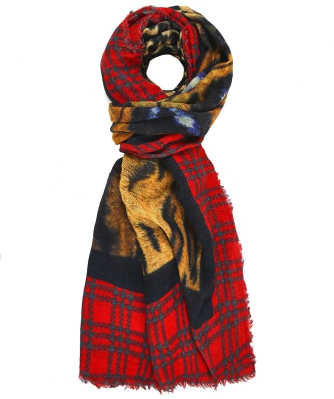 Ahujasons Animal Print Tartan Trim Scarf