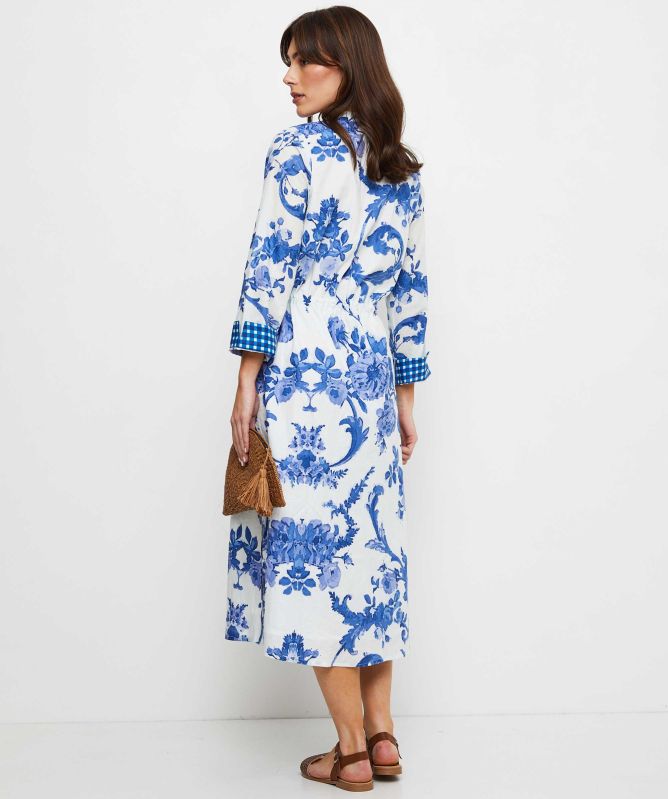 Handprint Dream Apparel Corfu Palm Print Pleat Chest Drawstring Waist Cotton Dress Asagao Sky Blue main image 0