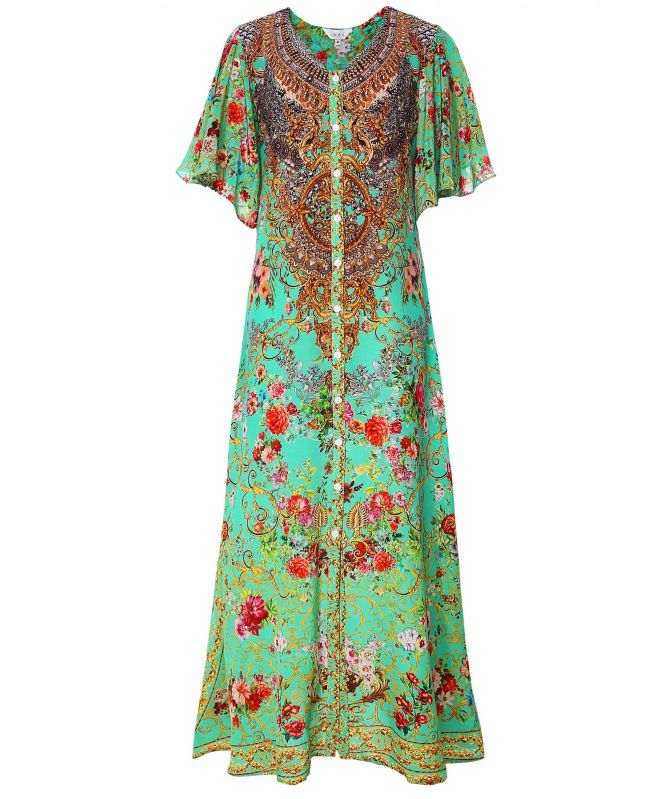 Inoa Chartreuse Silk Frill Sleeve Maxi Dress