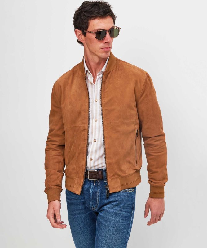 Barneys Originals Goat Suede Mens Tan Suede Bomber Jacket Pal Zileri Suede  Bomber Jacket