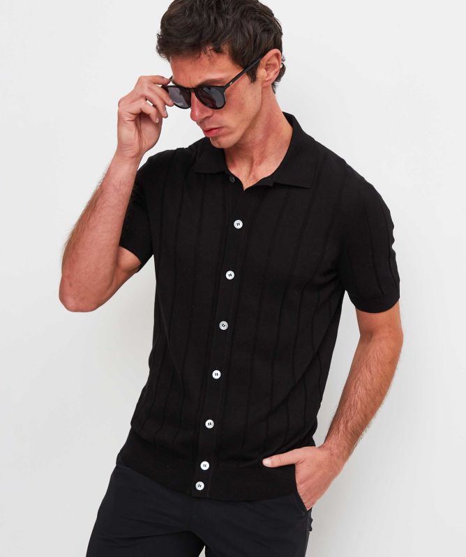 トップス Gran Sasso black cotton knit polo Gran Sasso Black Rib Knit Button Polo Shirt