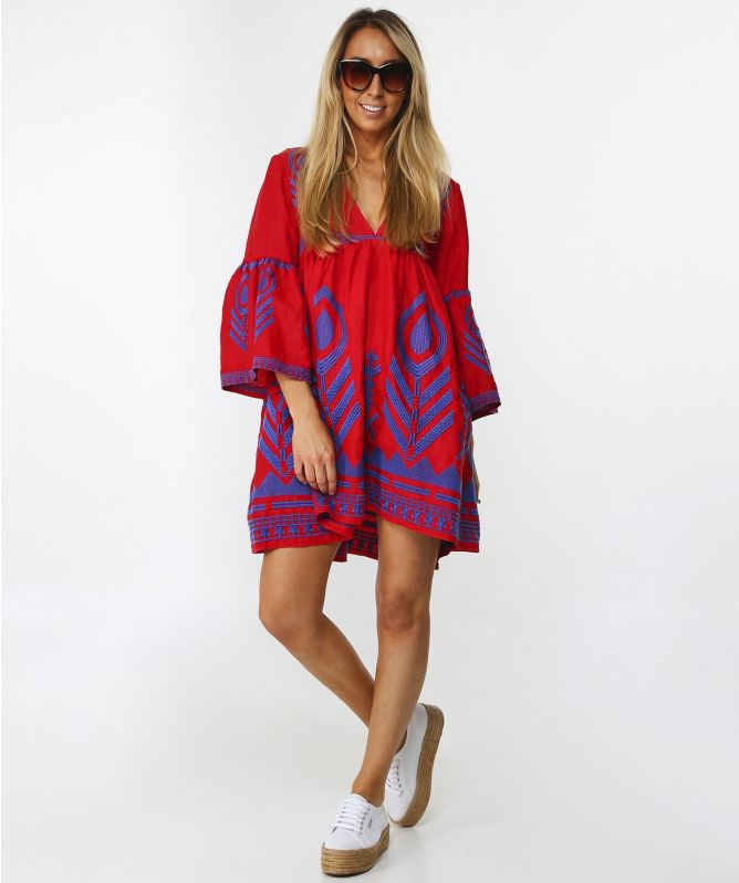 Greek Archaic Kori Linen Embroidered V-Neck Dress