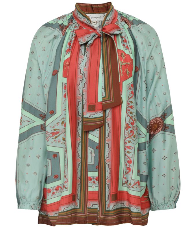 One Hundred Stars Fleur De Lys Aqua Pussybow Blouse