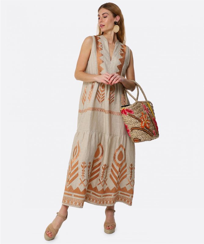 Greek Archaic Kori Linen Maxi Feather Dress