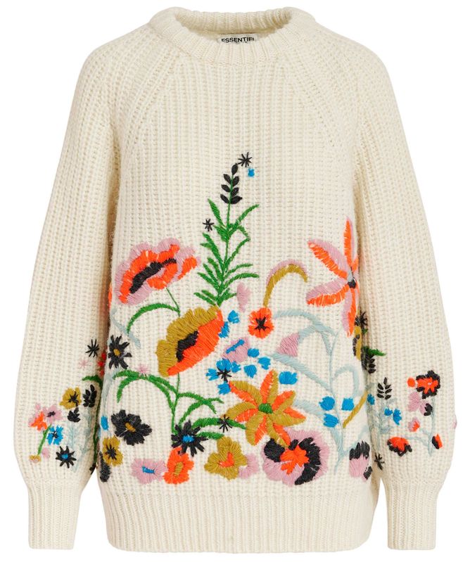 Essentiel Antwerp Cream Embroidered Floral Glossy Jumper