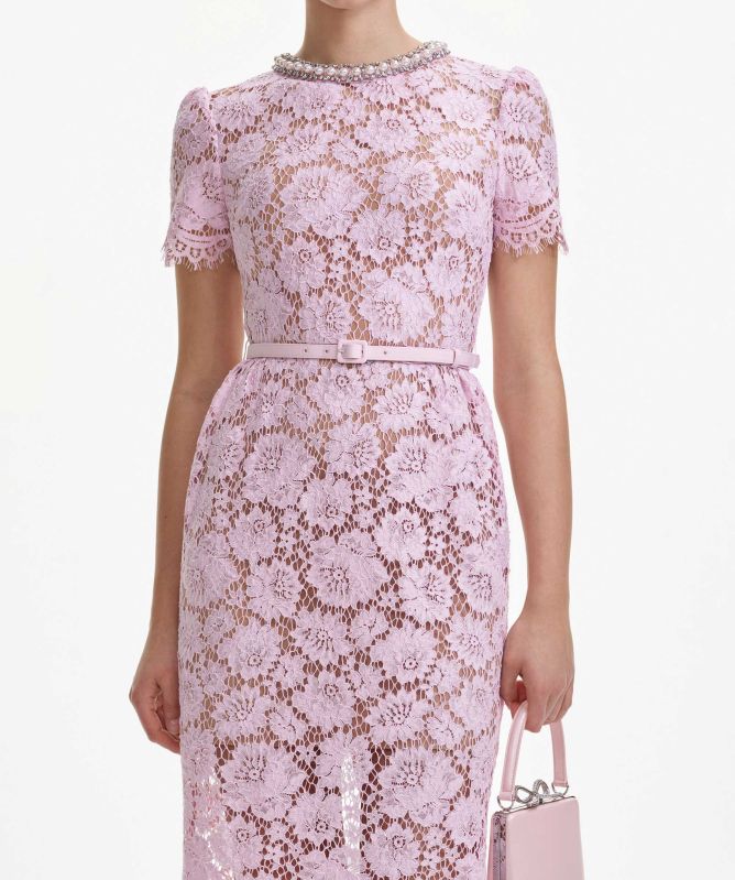 Self-Portrait Pink Fine Lace Pearl Midi Dress