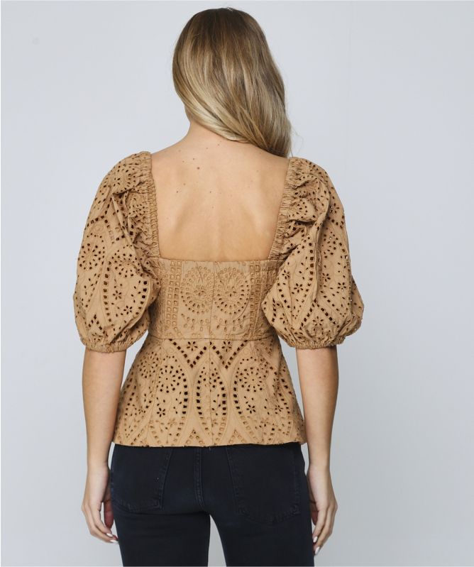 Ganni Beige Broderie Anglaise Square Neck Top | Jules B